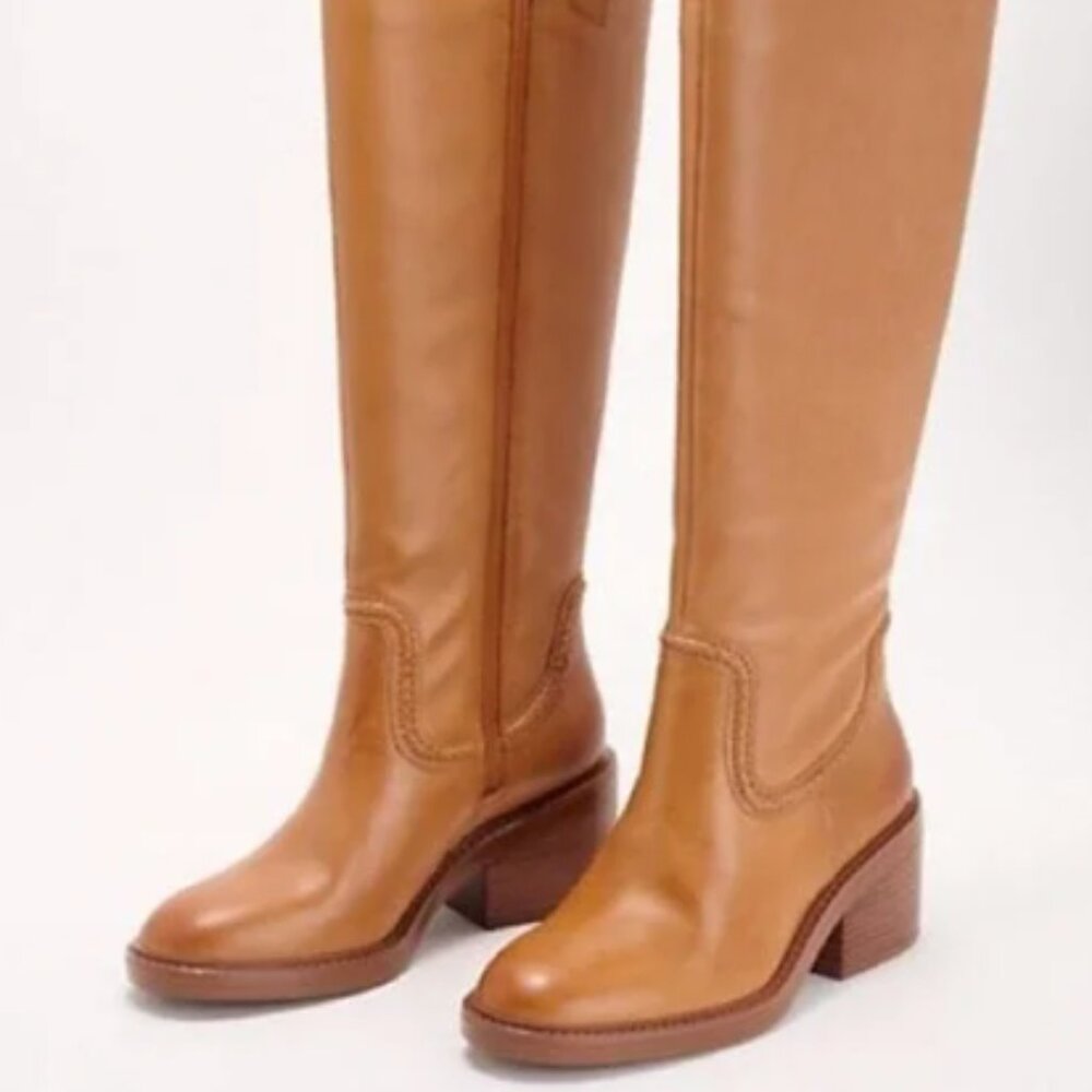 Vince Camuto Tall Leather Heeled Boots in Cognac Brown